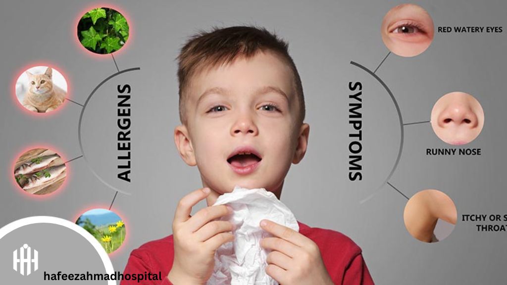 Illustration showing common allergy symptoms, including sneezing, itchy eyes, runny nose, and skin rashes